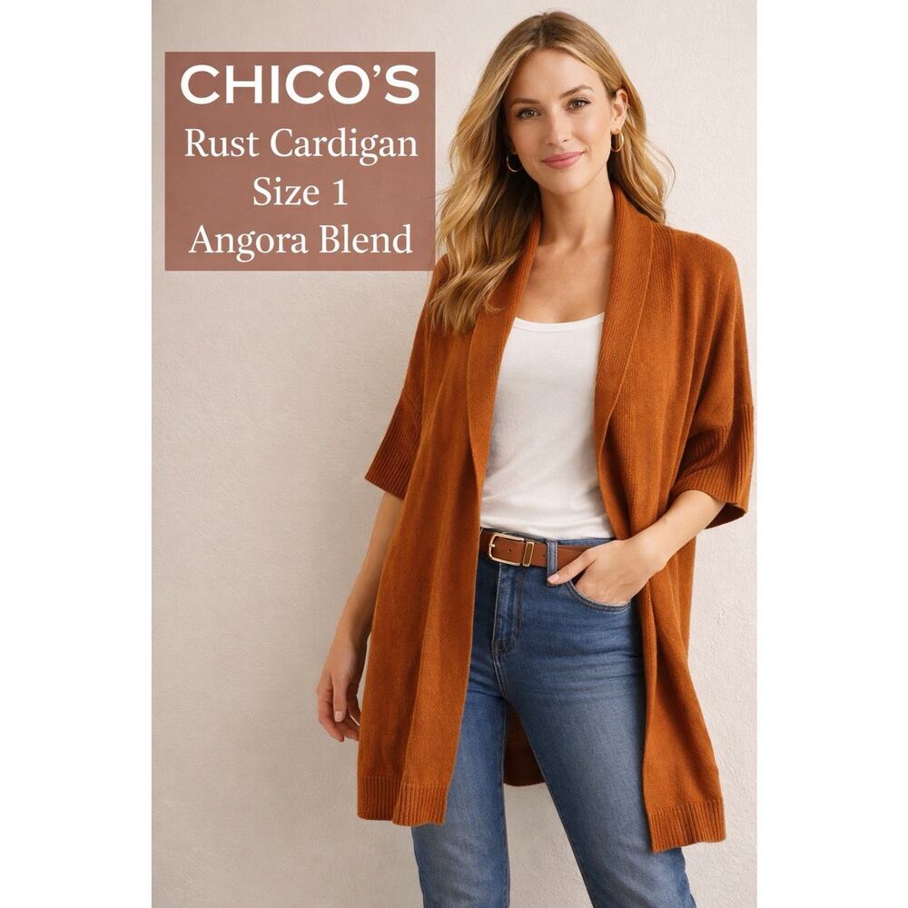 Chico’s Rust Orange Open Front Cardigan Sweater Sz 1 Cotton Angora Knit
